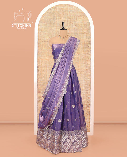 Lavender Fendi Organza Half-Saree Set, Features Floral Embroidered Skirt, Matching Blouse, Embroidered Dupatta
