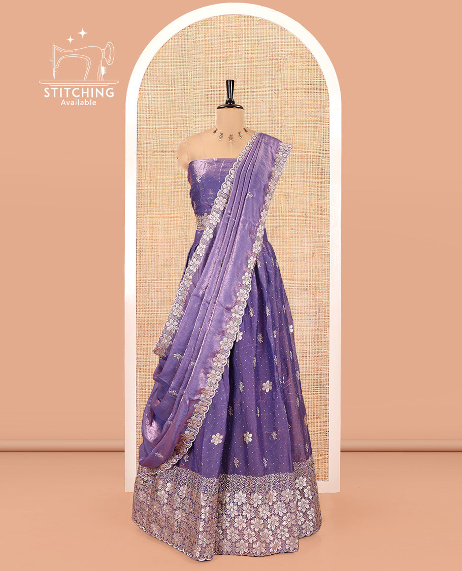 Lavender Fendi Organza Half-Saree Set, Features Floral Embroidered Skirt, Matching Blouse, Embroidered Dupatta