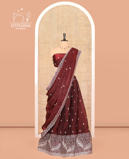Maroon Fendi Organza Half-Saree, with Embroidered Buttas on Its Skirt, Embroidered Border with a Matching Blouse, and an Embroidered Organza Scallop Dhavani