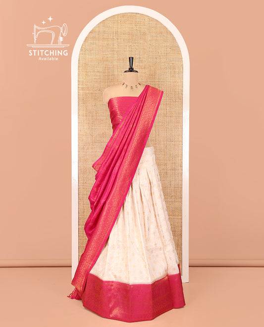 Cream-Magenta Banarasi Softy Half-Saree, Adorned with Jacquard, Contrast Traditional Border, Jacquard Blouse, Intricate Dhavani