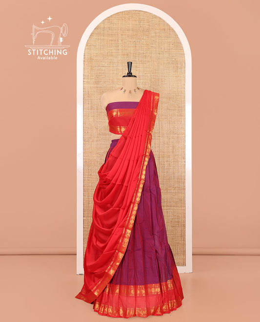 Magenta-Red Chettinad Cotton Half-Saree Featuring Plain Skirt, Contrast Rettai Pettu Rudraksham Border, Matching Blouse, Syska Georgette Dhavani