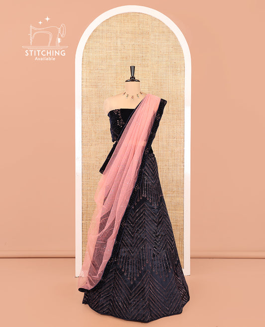 Pink Velvet Half-Saree, gleamed up with Swarovski Stonework Skirt, Matching Stonework Blouse, and Net Stonework Dhavani
