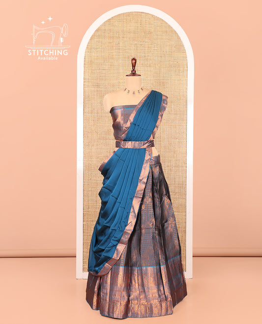 Grey-Firozi Blue Semi-Banarasi Half-Saree Features Jacquard Skirt, Contrast Traditional Border, Matching Blouse, and Syska Georgette Dhavani