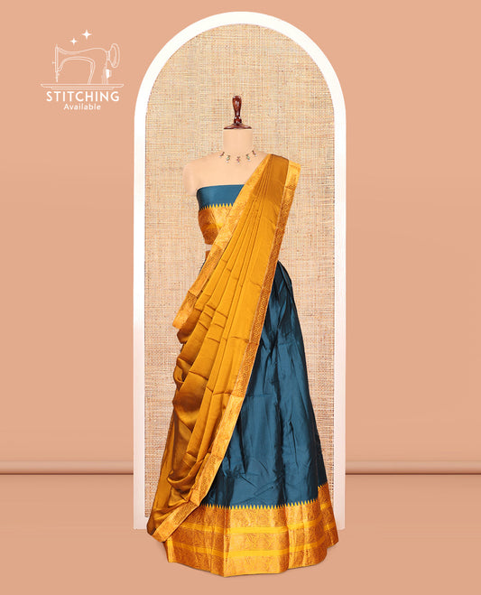Peacock Blue Semi-Banarasi Half-Saree Features Plain Skirt, Contrast Floral Creeper Zari Border, Matching Blouse, Contrast Dhavani
