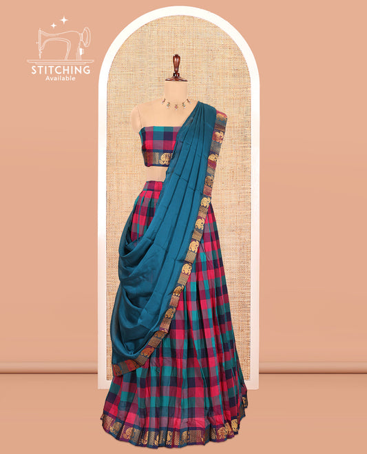 Multi-Color Checked Chettinad Cotton Half-Saree Features a Leaf Zari Border, Matching Blouse, Contrast Dhavani
