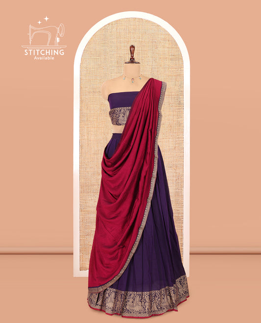 Violet Mercerised Cotton Half-Saree Features a Plain Skirt, a Bridegroom Motif Border, a Matching Blouse, a Contrast Dhavani