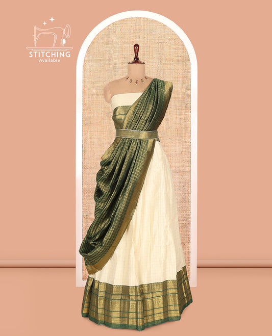 Cream-Green Semi-Silk Half-Saree