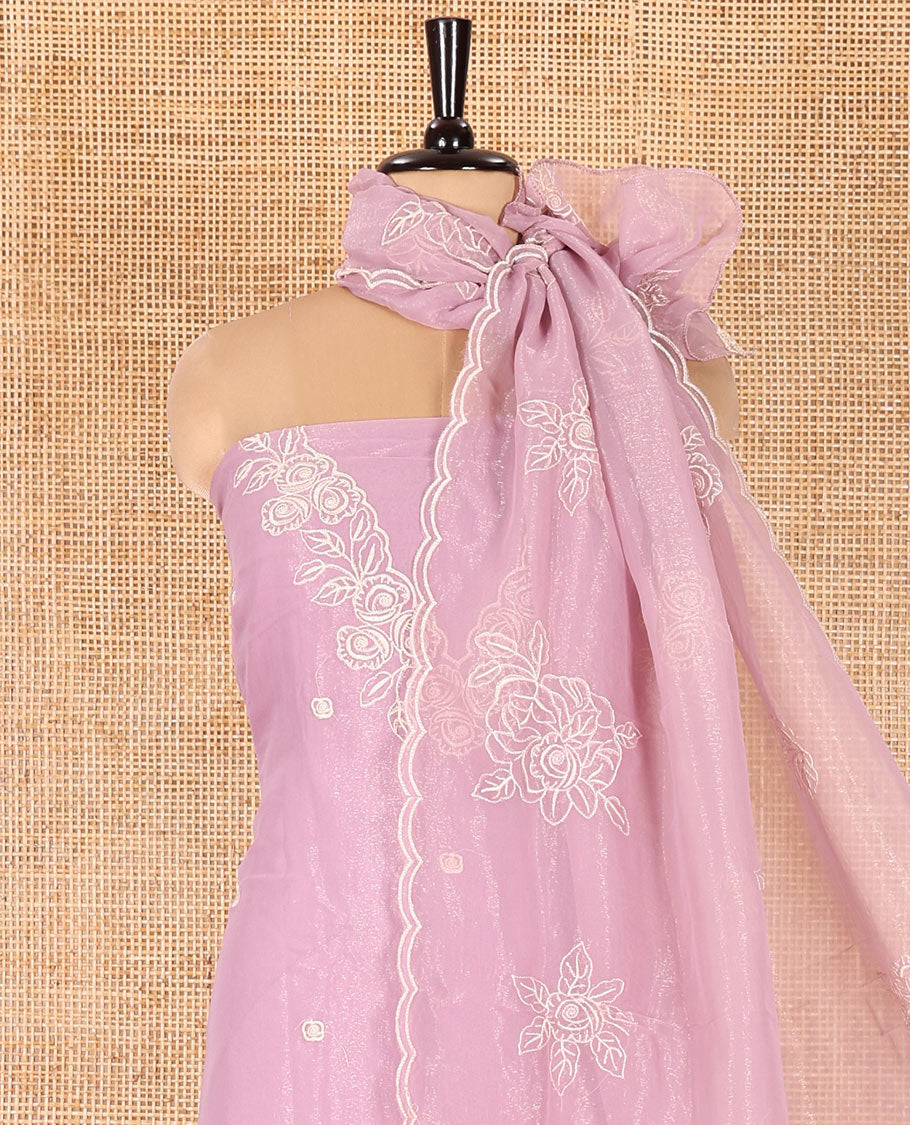 Light Purple Shimmer Georgette Material Chudidar Set, Finely Crafted with Floral Thread Embroidery on Its Top, a Plain Santoon Bottom, and Comes with a Floral Embroidered Shimmer Georgette Dupatta