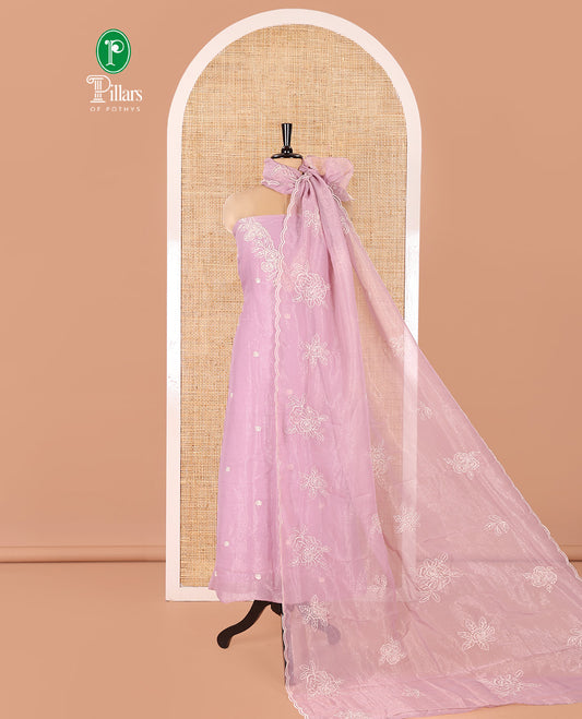 Light Purple Shimmer Georgette Material Chudidar Set, Finely Crafted with Floral Thread Embroidery on Its Top, a Plain Santoon Bottom, and Comes with a Floral Embroidered Shimmer Georgette Dupatta