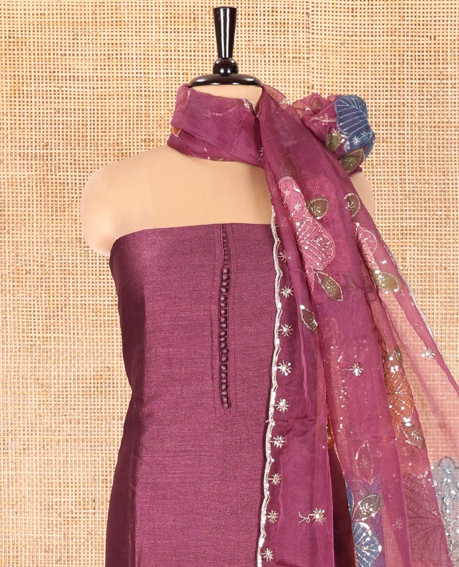 Magenta Vichitra Silk Material Chudidar Set, Woven with Pom-Pom Necklined Top, a Plain Santoon Bottom, and Paired Scallop Multi-Color Floral Embroidered Organza Dupatta