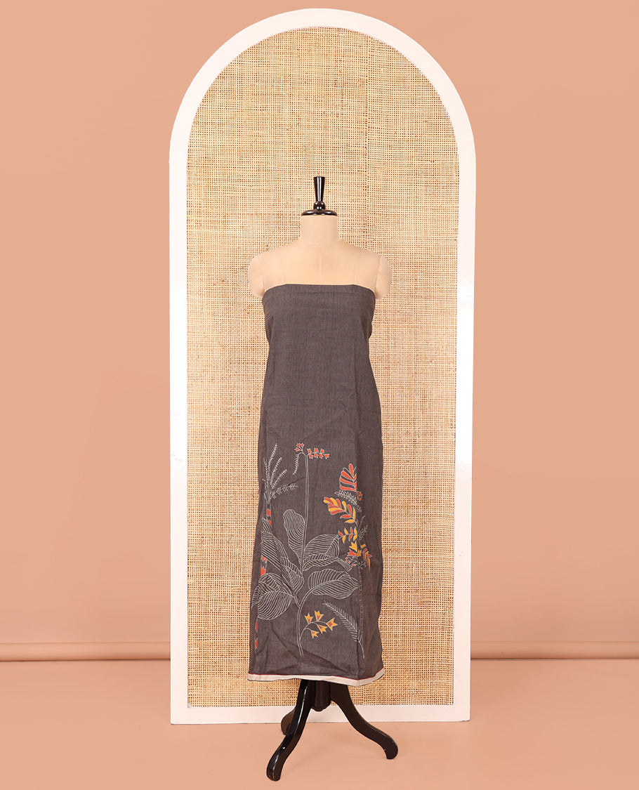Dark Grey Handloom Cotton Material Chudidar Set, Accentuated with Floral Design Print On Its Top, Complemented by Contrast Bottom, and Paired with a Contrast Floral Printed Dupatta