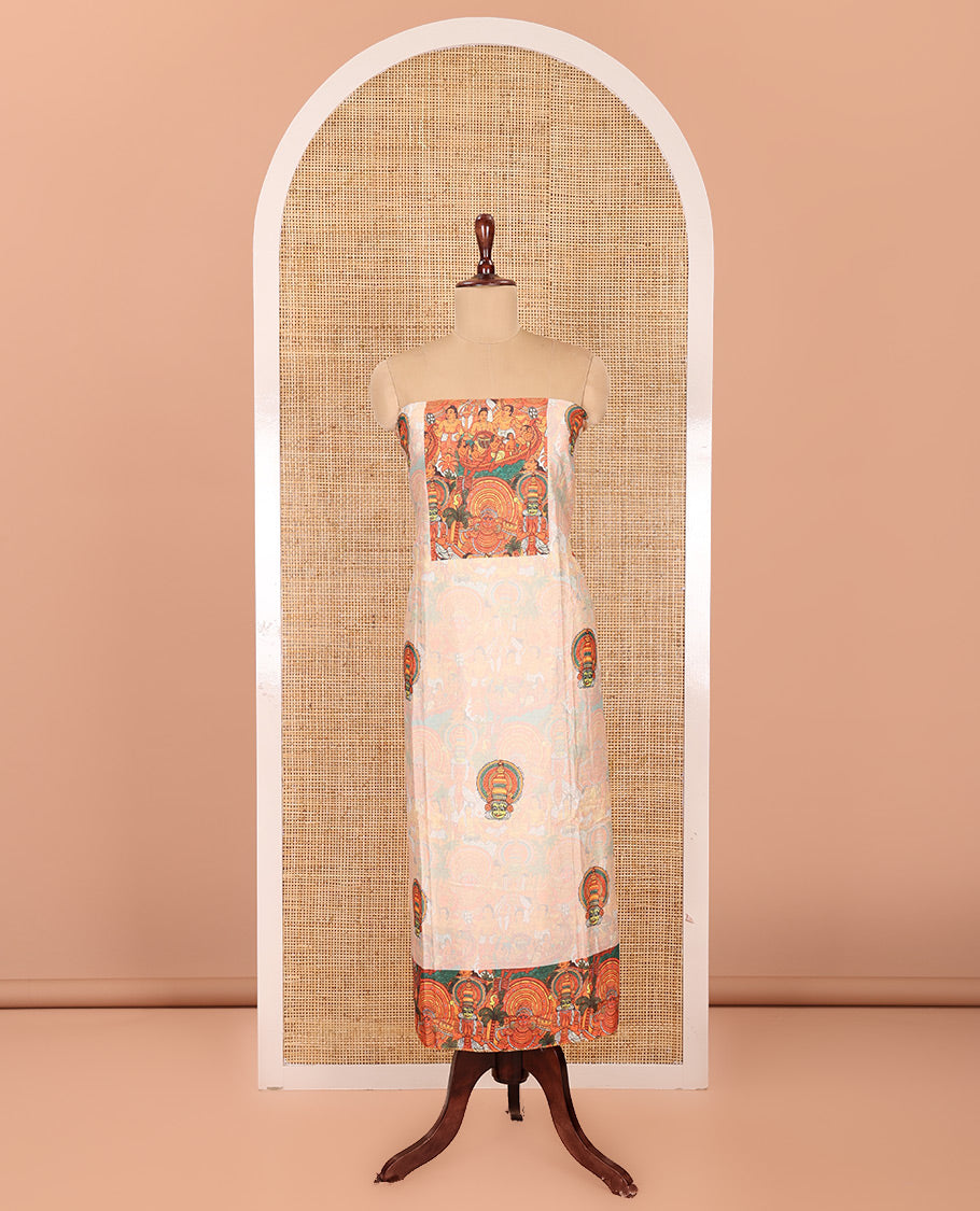 Cream Semi-Silk Material Chudidar, Kathakali Motifs Printed Top, Santoon Bottom, and Printed Dupatta
