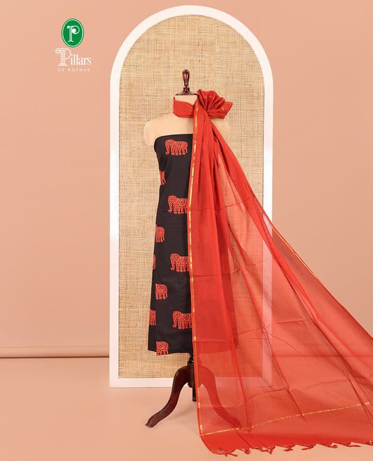 Black-Rust Jaipur Cotton Material Chudidar Set, Elephant Motifs Printed Top, Contrast Bottom, and Plain Dupatta
