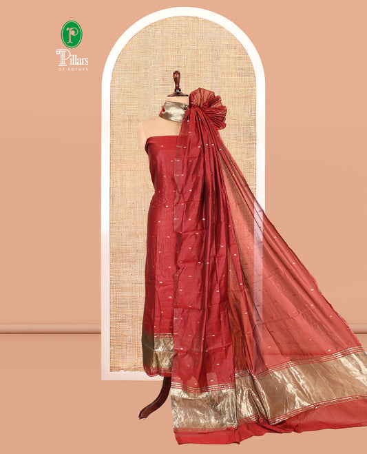 Red Banarasi Chanderi Material Churidar Features Zari Buttas Top, a Plain Bottom, and a Matching Dupatta