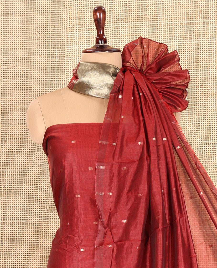 Red Banarasi Chanderi Material Churidar Features Zari Buttas Top, a Plain Bottom, and a Matching Dupatta