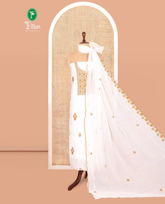 White-Mustard Mul Chanderi Material Churidar Features a Floral-Themed Thread-Embroidered Top, a Plain Santoon Bottom, and Thread Embroidered Dupatta