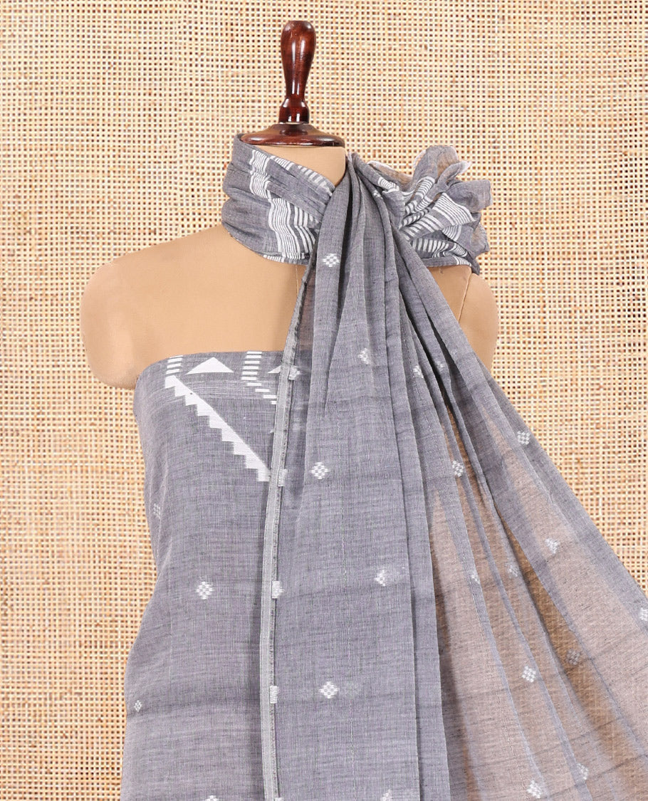 Grey Mul Cotton Material Chudidar Features Jamdani-Style Top, Striped Bottom, a Jamdani Dupatta