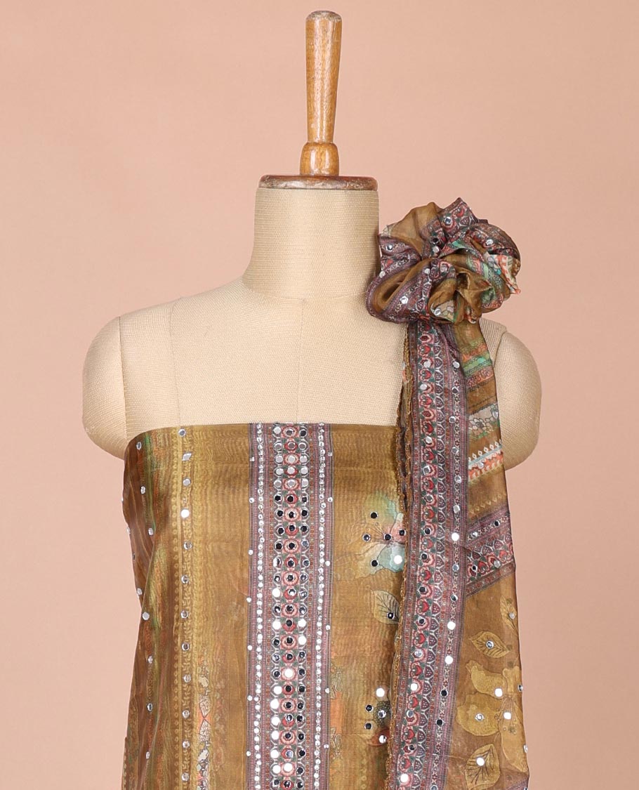 Mehendi green floral print,mirror work organza chudidhar material top with santoon material pant & floral print, mirror work dupatta