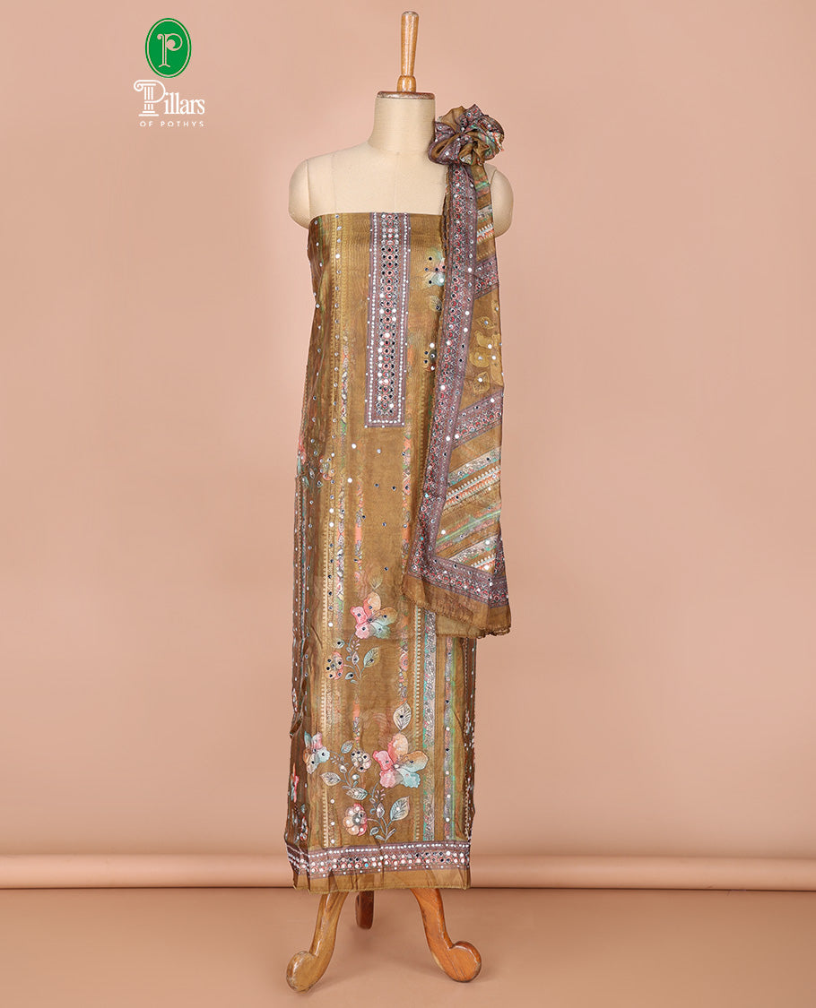 Mehendi green floral print,mirror work organza chudidhar material top with santoon material pant & floral print, mirror work dupatta