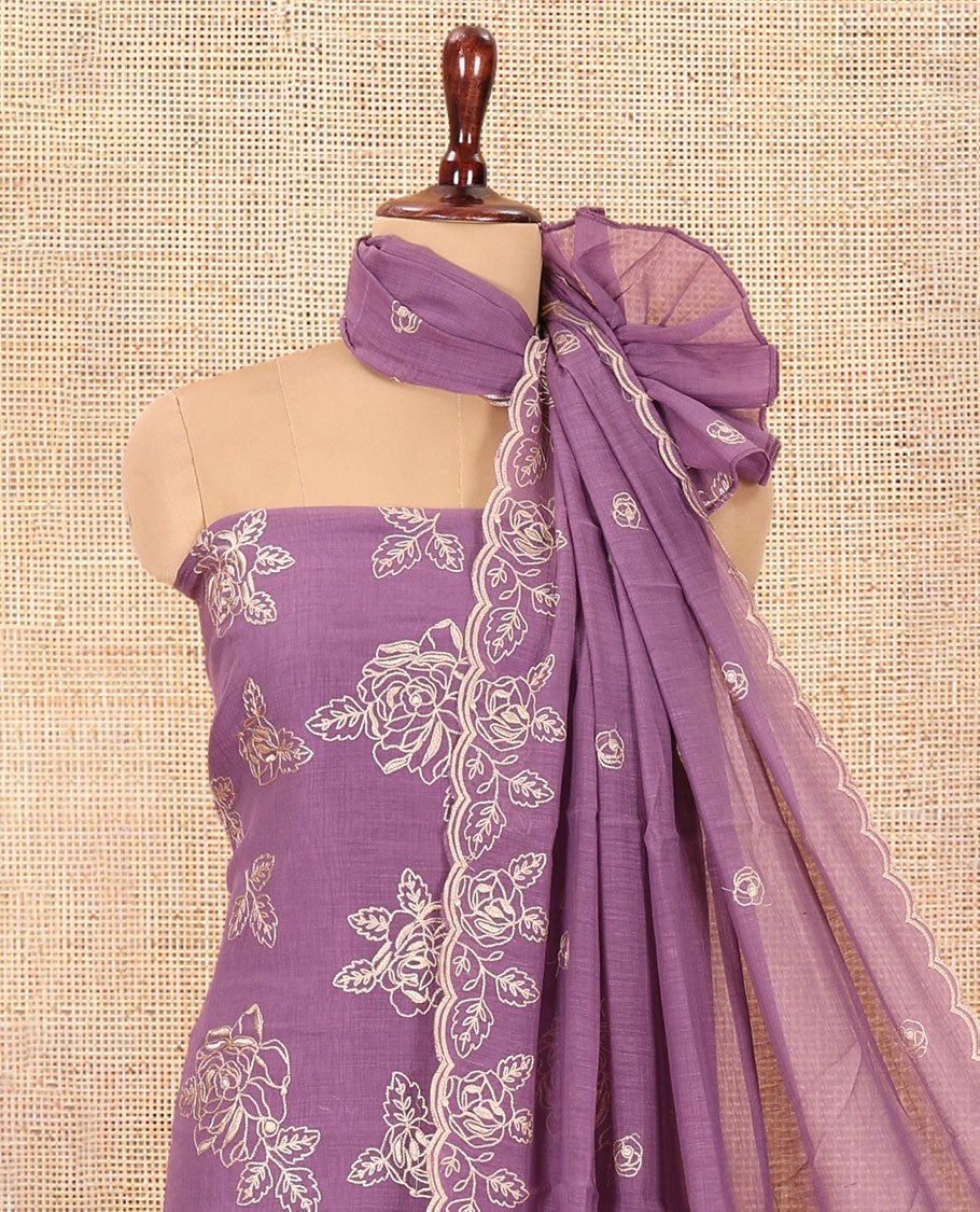 Lavender Mul Crush Chanderi Material Chudiddar, Floral Embroidered Top, Plain Bottom, Embroidered Dupatta