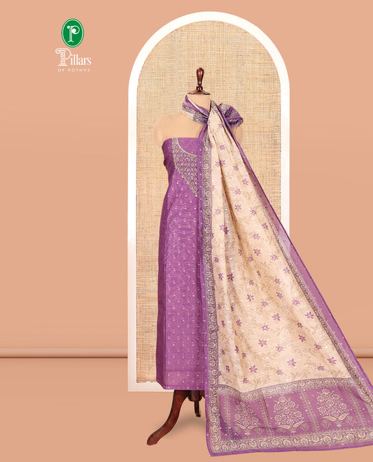 Dark Purple Chanderi Tissue Material Chudiddar, Buttas Neckwork Top, Plain Bottom, Contrast Floral Dupatta