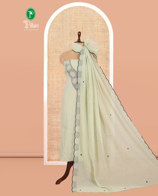 Mehendi Green Crunchy Chiffon Material Chudiddar, Embroidered Top, Plain Bottom, Embroidered Scallop Dupatta