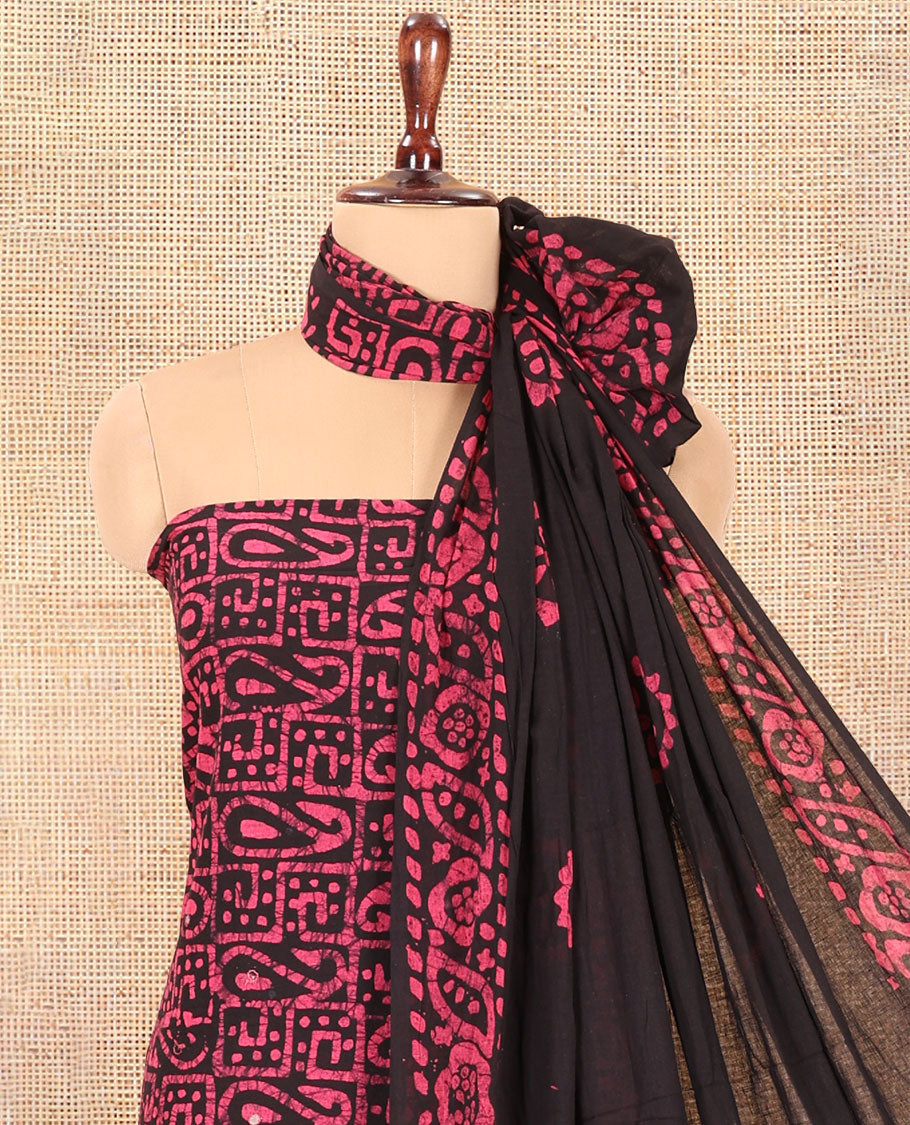 Black-Rani Pink Cotton Material Churidar Set, Paisley Batik Printed Top, a Matching Bottom, a Batik Printed Dupatta