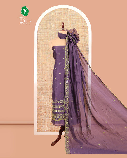 Wine Semi-Silk Material Churidar Sequins Embroidered Top, a Plain Bottom, a Embroidered Dupatta
