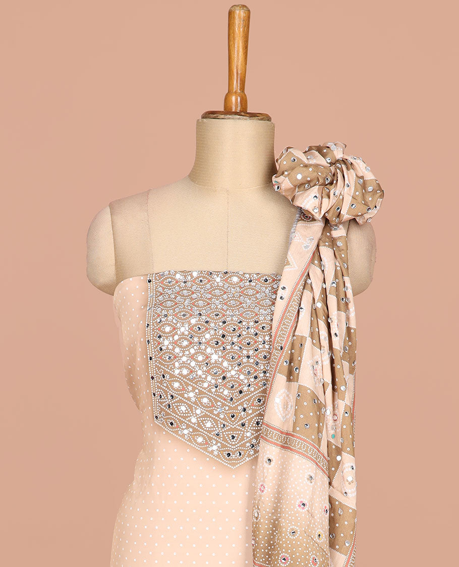 Gold bhandani print, stone,mirror work crepe chudidhar  material top with american crepe pant & chinnon material bhandani print, mirror work dupatta