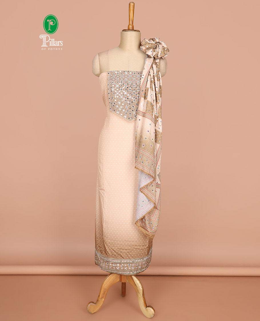Gold bhandani print, stone,mirror work crepe chudidhar  material top with american crepe pant & chinnon material bhandani print, mirror work dupatta