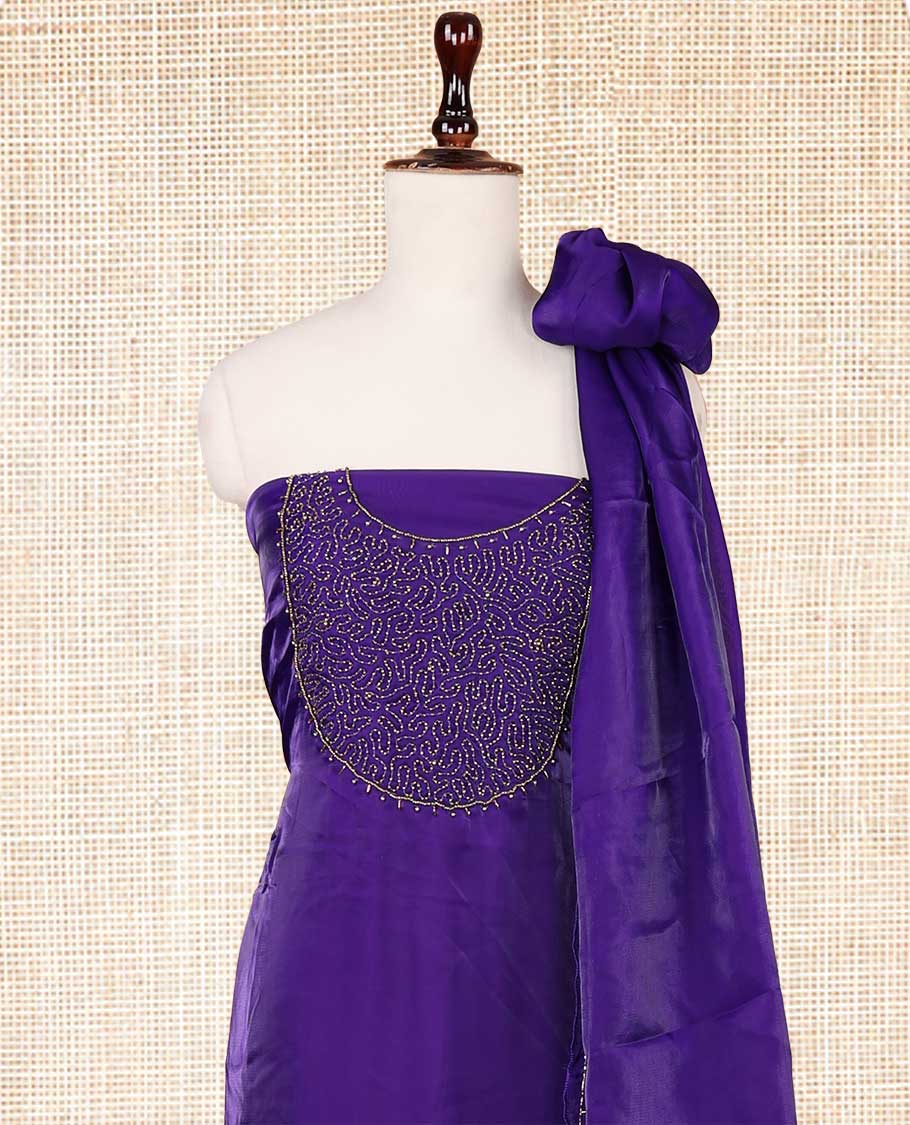 Dark purple moti handwork velvet organza chudidhar material top with american crepe pant & one side handwork dupatta