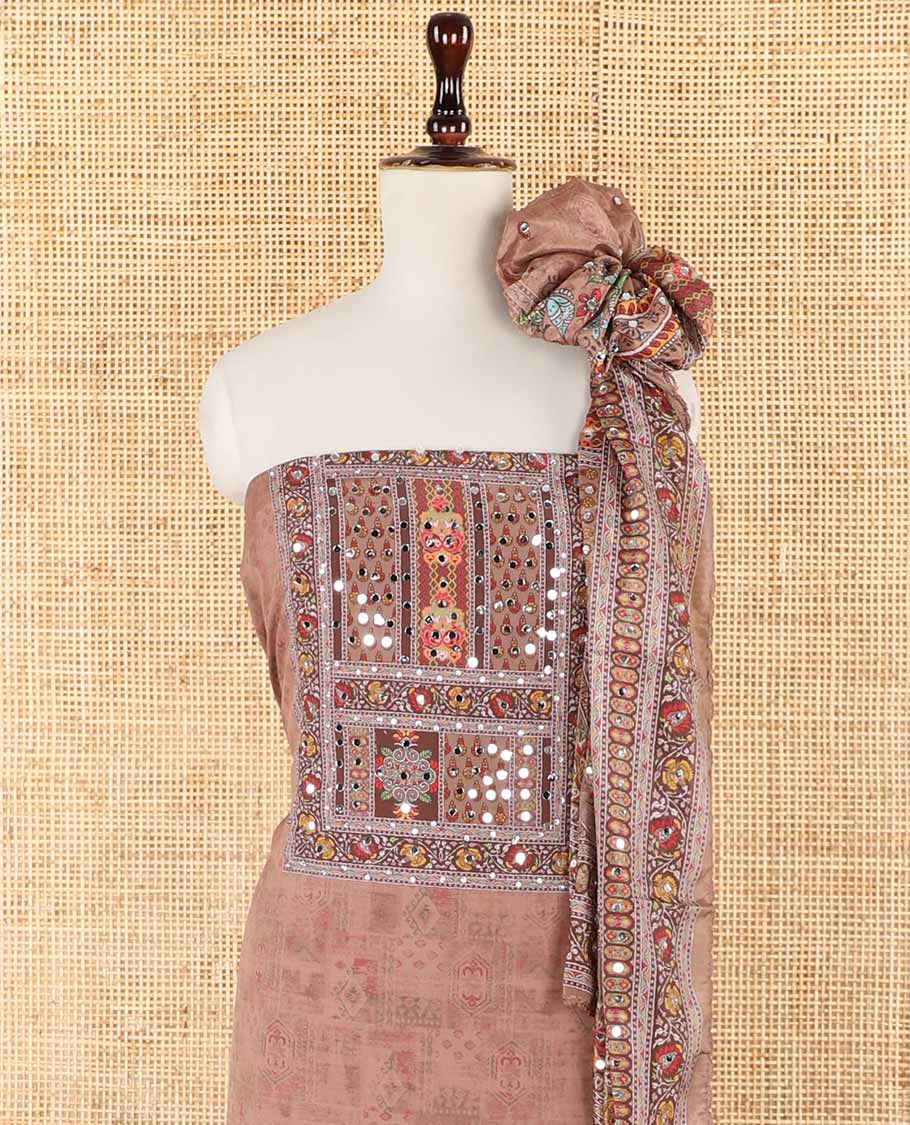 Fawn jacquard ajrak, stone, mirror work crepe chudidhar material top with american crepe pant & chinnon material ajrak digital print , mirror work dupatta
