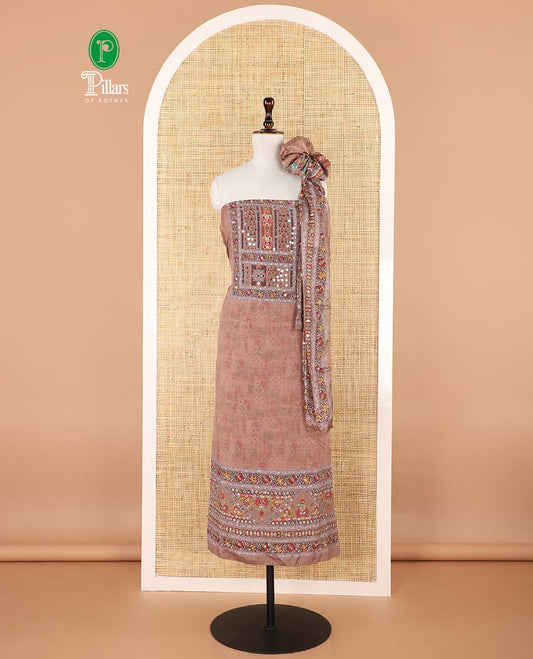 Fawn jacquard ajrak, stone, mirror work crepe chudidhar material top with american crepe pant & chinnon material ajrak digital print , mirror work dupatta