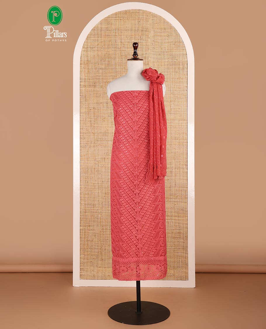 Peach shifli sequins embroidery georgette chudidhar material top with american crepe pant & sequins embroidery, scallop cut dupatta