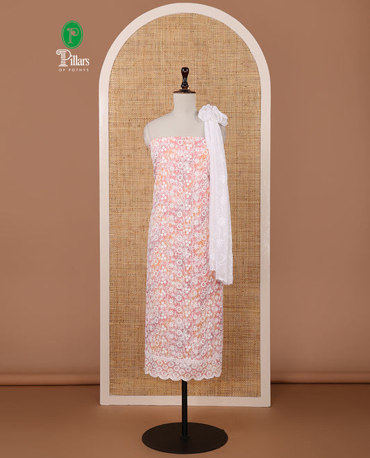 Pink chudidar material set, shibori-print & floral vine chikankari embroidered top,printed cotton bottom & floral chikankari embroidery chiffon dupatta