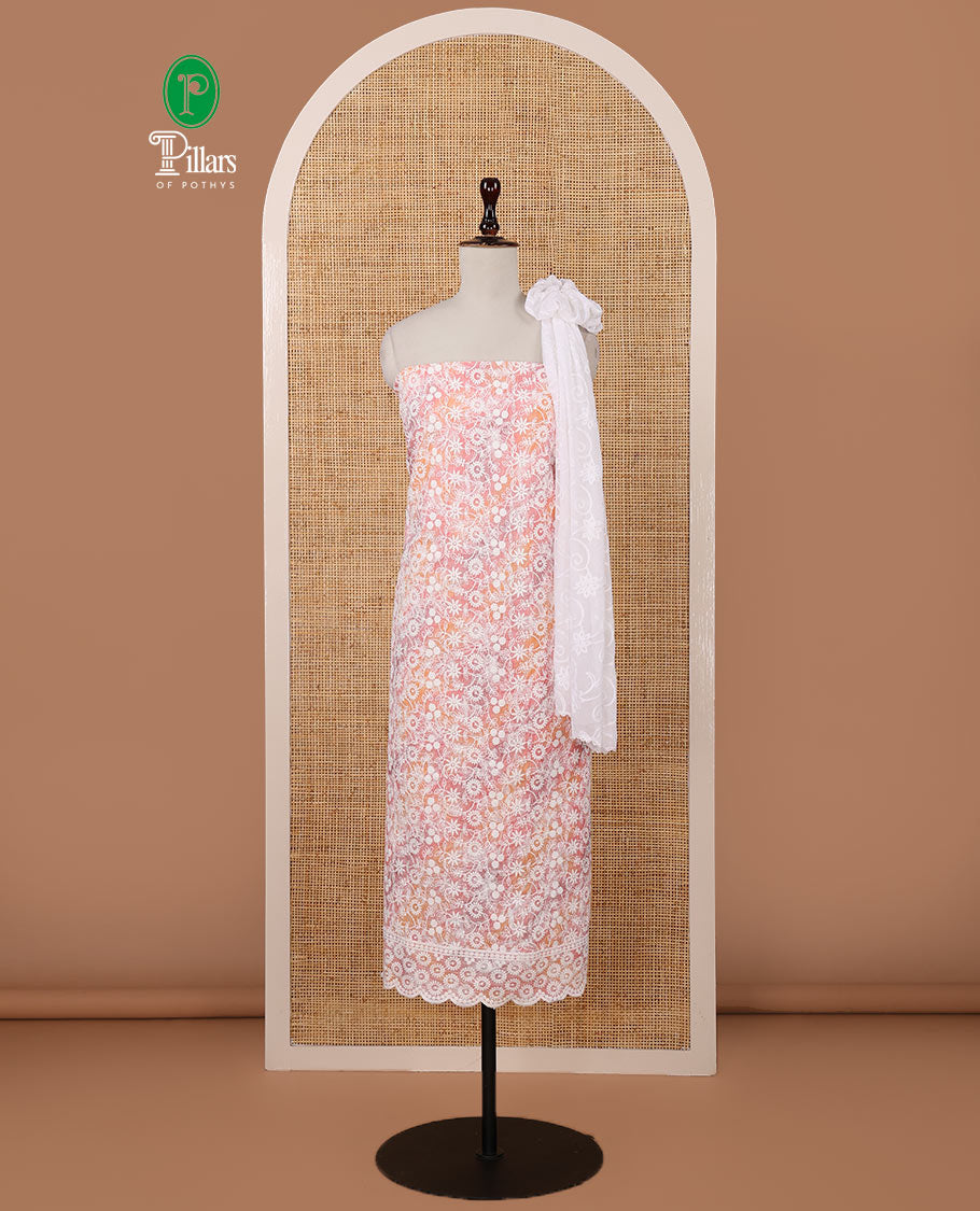 Pink chudidar material set, shibori-print & floral vine chikankari embroidered top,printed cotton bottom & floral chikankari embroidery chiffon dupatta