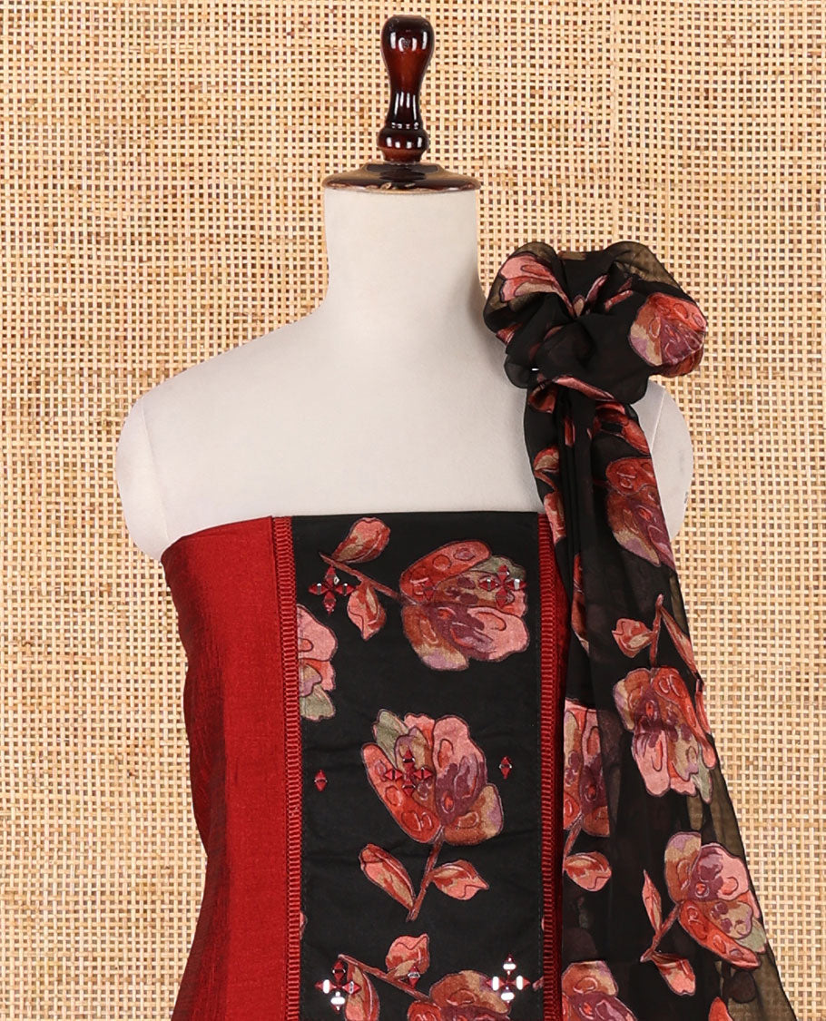 Red chudidhar material,brasso floral print & mirrorwork patch neck vichitra silk top,santoon bottom & brasso floral print dupatta
