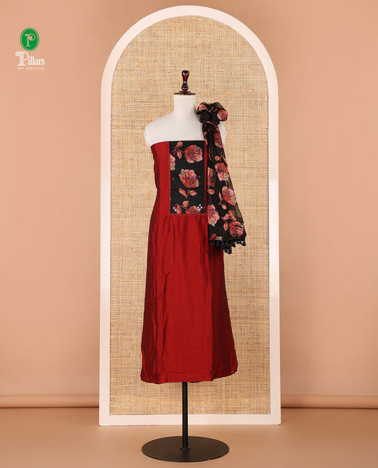 Red chudidhar material,brasso floral print & mirrorwork patch neck vichitra silk top,santoon bottom & brasso floral print dupatta
