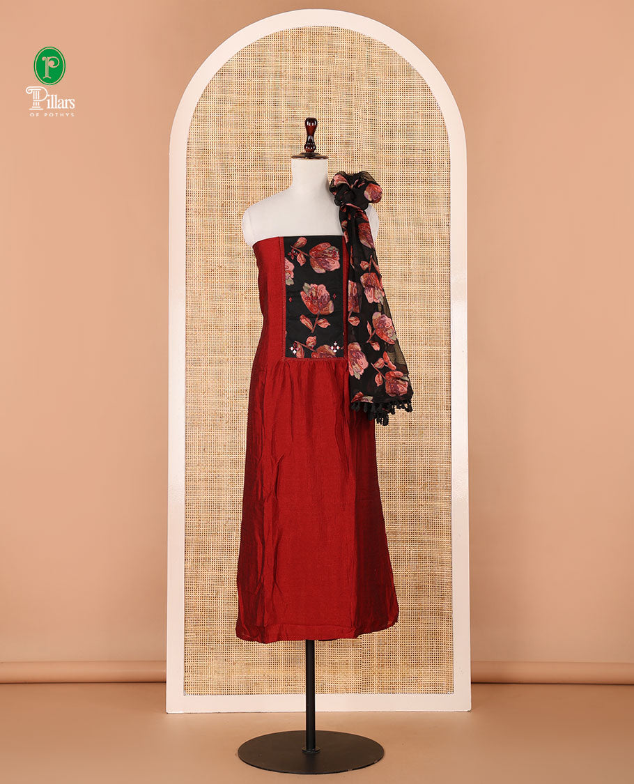 Red chudidhar material,brasso floral print & mirrorwork patch neck vichitra silk top,santoon bottom & brasso floral print dupatta