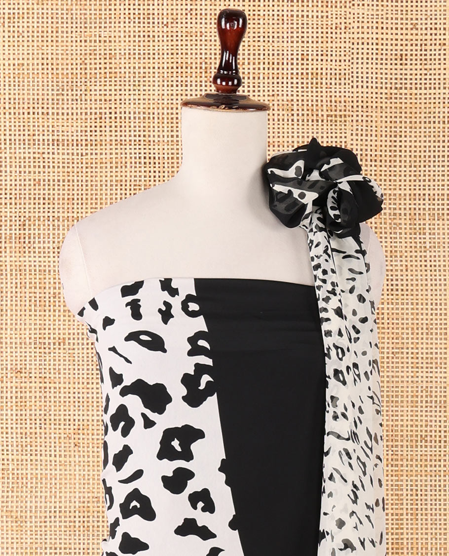 Black & white chudidhar material,half-&-half Cheetah printed Italian crepe top,plain crepe bottom & Cheetah printed georgette dupatta