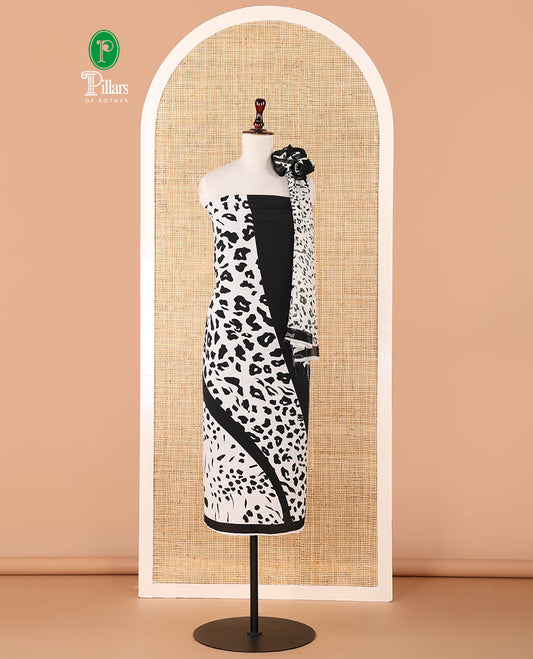 Black & white chudidhar material,half-&-half Cheetah printed Italian crepe top,plain crepe bottom & Cheetah printed georgette dupatta