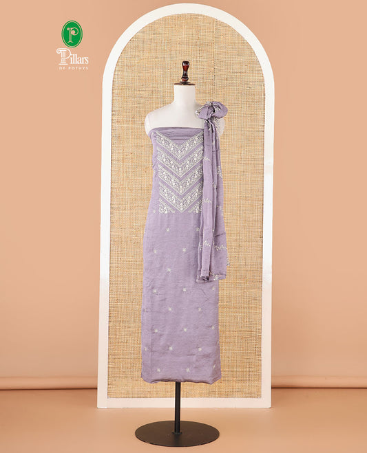Purple Vichitra crush material chudidar set, thread & bead floral embroidery top, plain santoon bottom & floral thread embroidery dupatta