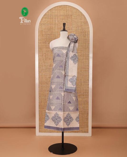 Grey semi-tussar material chudidar set, triangle printed top, heathered bottom & dupatta of triangle & four-petal floral print