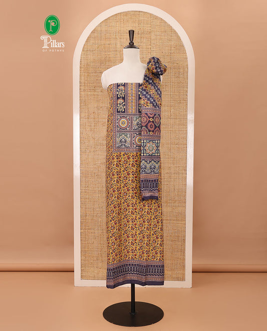 Mustard material chudidar set,floral-geometric Arjrakh print & stonework Masakali crepe top,plain bottom & Arjrakh print & stonework chinon dupatta