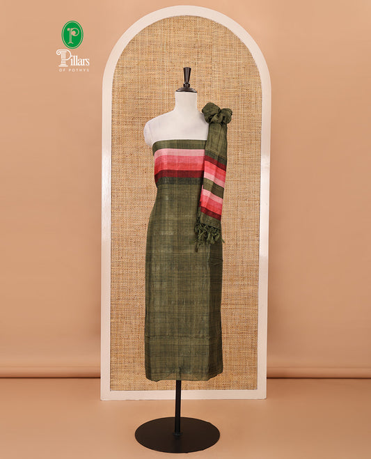 Olive green material chudidar set, horizontal ombre striped semi-tussar top, plain santoon bottom & horizontal ombre striped dupatta with tassels