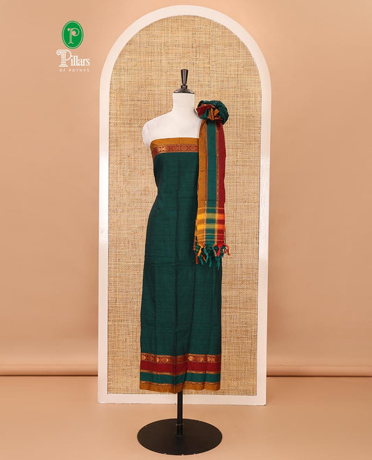 Green mercerized cotton material chudidar set,plain contrast traditional rudraksham border top,matching bottom & 2-sided rudraksham border dupatta
