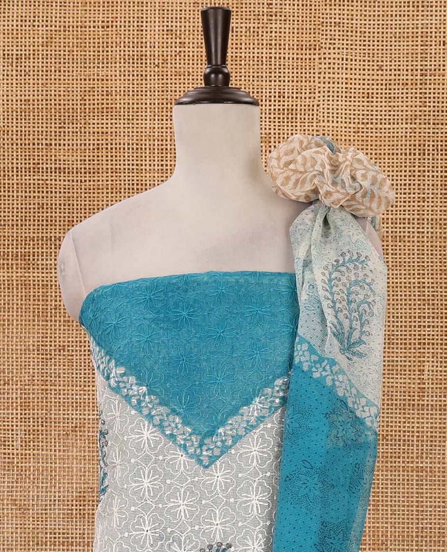 Cream-blue material chudidar set, print & chikankari-style embroidered net kota top, semi-raw silk bottom & floral print net kota dupatta