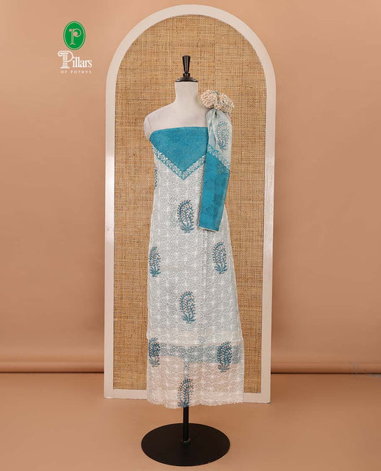 Cream-blue material chudidar set, print & chikankari-style embroidered net kota top, semi-raw silk bottom & floral print net kota dupatta