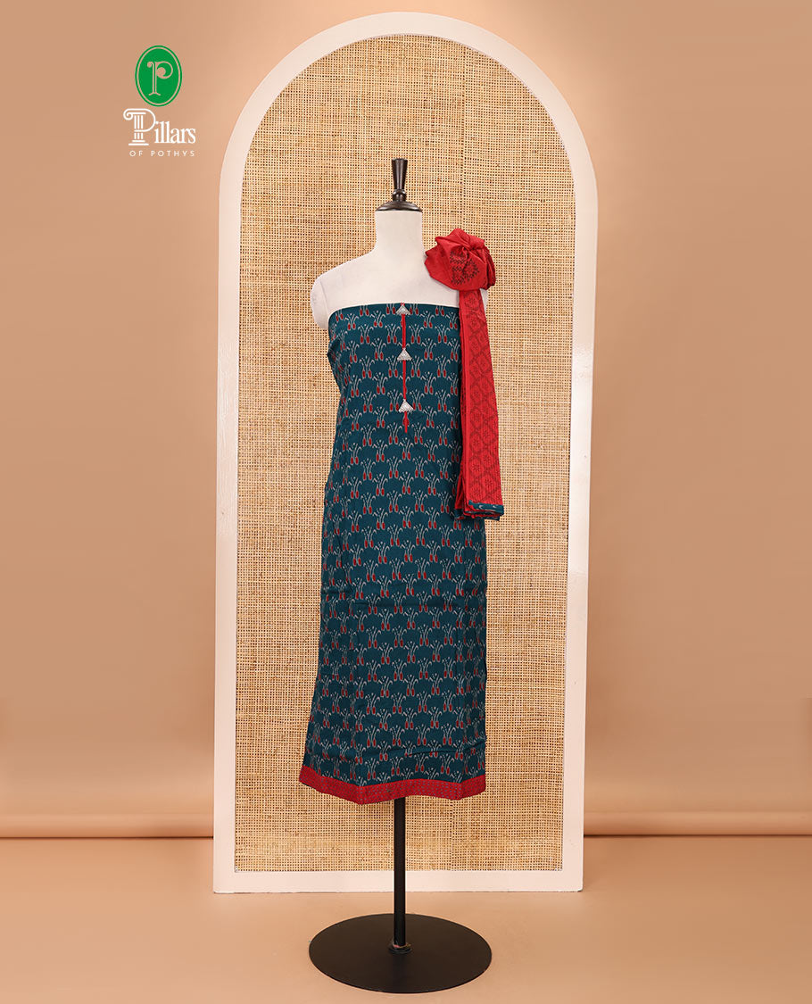 Blue flex cotton material chudidar set, ikkat printed & oxidised charm woven top, contrast bottom & negative printed dupatta