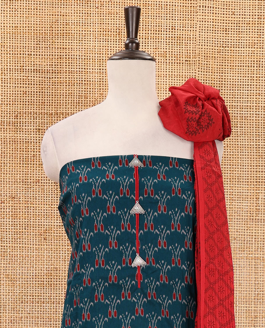 Blue flex cotton material chudidar set, ikkat printed & oxidised charm woven top, contrast bottom & negative printed dupatta